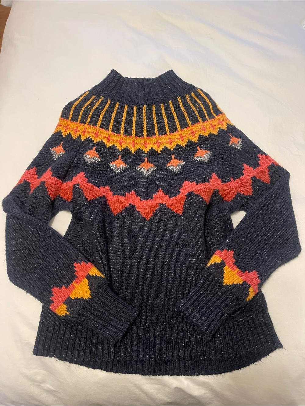 Tribal Navy Funnel Neck Sweater with Red & Yellow Fair Isle Accents